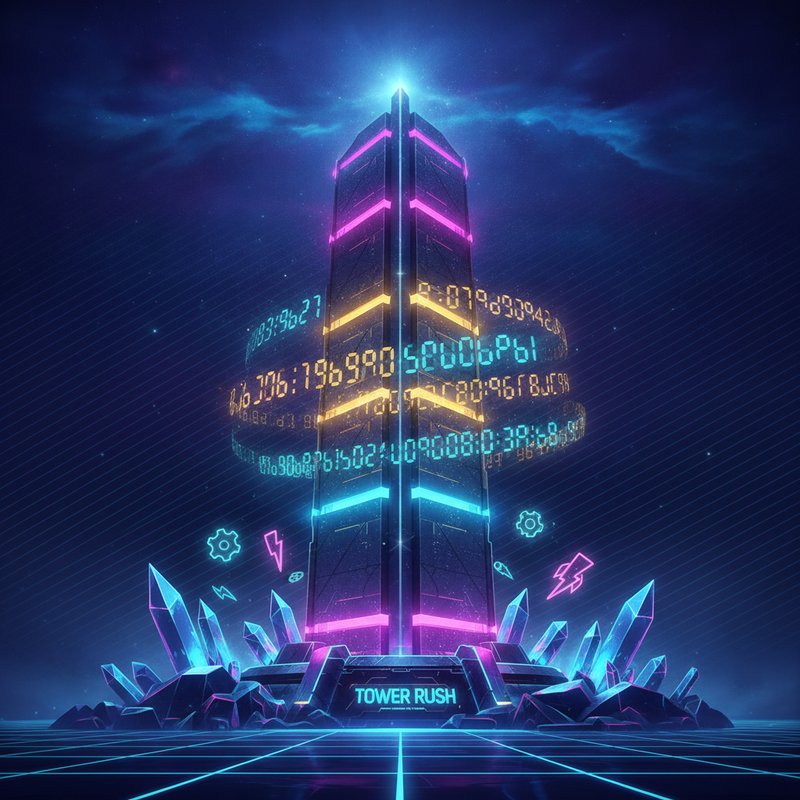 Tower Rush Slot von Galaxsys - Turm mit leuchtenden Etagen und Echtzeit-Multiplikator-Anzeige, spektakuläres futuristisches Design mit Neon-Effekten